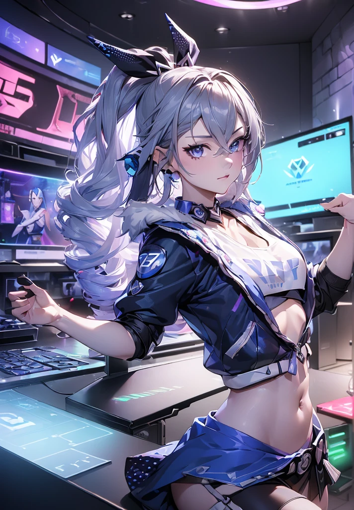 (((((7 avatar shot)))), Silver Wolf, Masterpiece, Best Quality, Ultra Detailed, Extremely Detailed 16k CG Wallpaper, Beautiful Face, (Silver Wolf in Esports Room), (Perfect Beautiful Curved Figure), Seated, Rainbow Color Jewel Eyes, Wearing Resin Hologram Sports Bra, Crop Top Drape, Mini Pleated Skirt, Bell Collar, Logo, Impotence, Contour Light, Concert, Neon Sign, Audio, Bell Collar, Esports Headset, Computer, Esports Room, Play Games, White Interior Through Red Skin, holographic projection, flat sphere, graffiti logo, highly detailed tattoo_, Authoring information