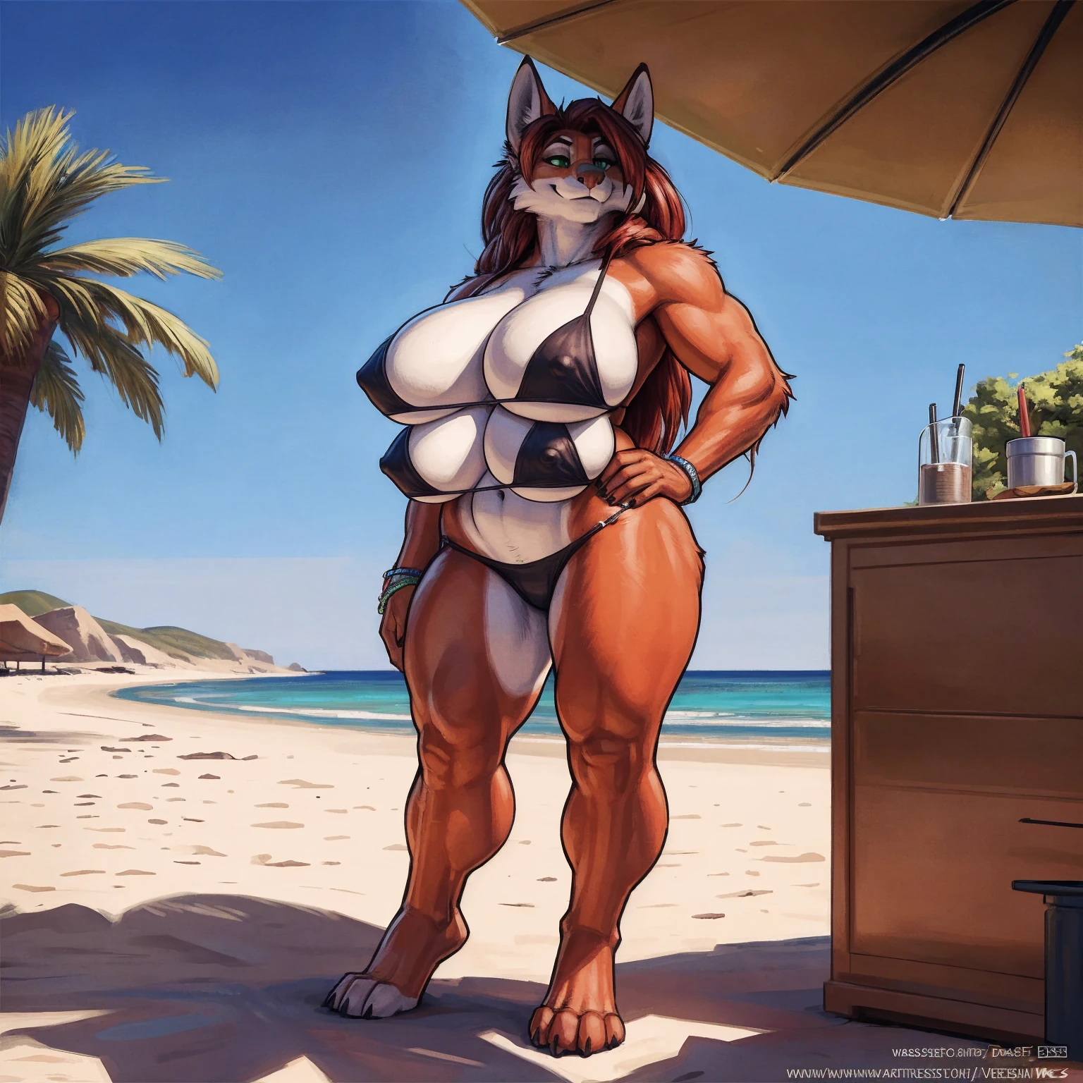 8K, ((masterpiece)), ((stunning artwork)), (carefully drawn), (highly detailed), uploaded to e621.net, solo, by darkgem, by meesh, by duase, by sligarthetiger, (by wfa:0.8), vixen, short woman, shortstack, older woman, milf, curvy, thick, orange fur, white markings, dark red hair, long hair, green eyes, perfect eyes, (four breasts:1.4), (quadboob:1.2), top breasts are larger, huge breasts, nipple outline, large areolae, bikini, barefoot, standing upright, digitgrade, four toes, smiling, beachside, crowded beach, sunny day,