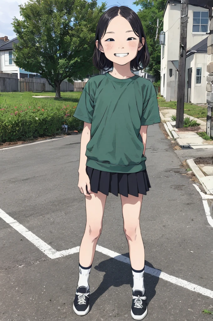 best quality, masterpiece, detailed,2d,flat color, 1girl,10yo,petit,grin,outdoor,miniskirt,socks,
