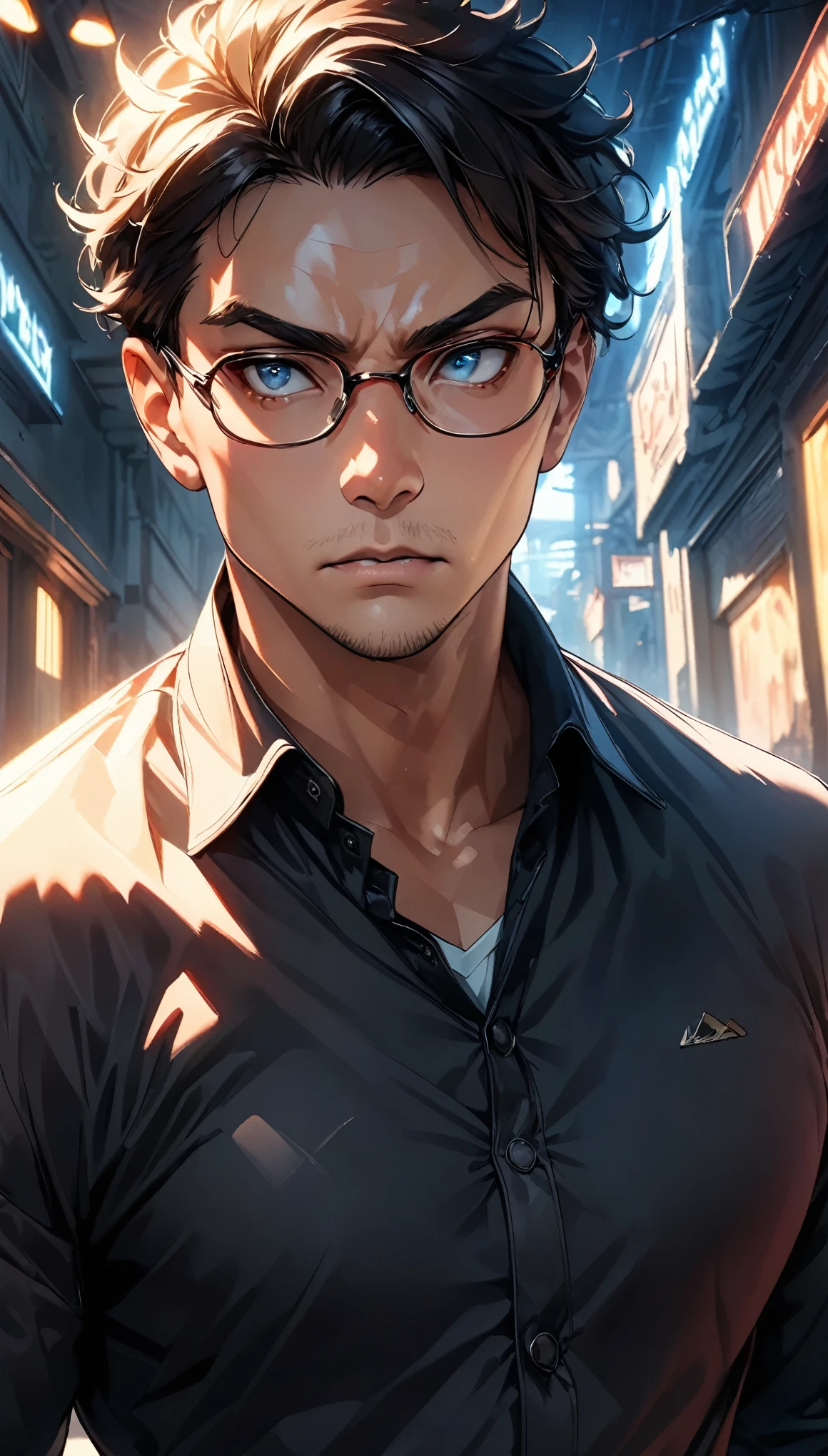One Man, a handsome guy, Man wearing glasses, Close-up shot, Detailed facial features, Beautiful Eyes, Sharp jaw line, Intense gaze, Serious expression, Random Action, Dutch Angle, Cowboy Shot, Dramatic lighting, Cinematic atmosphere, Bright colors, Chiaroscuro, (Highest quality:1.2, 4K, 8K, Very detailed, up to date, Vibrant, High detail, masterpiece:1.2, Highest quality, Best aesthetics),
