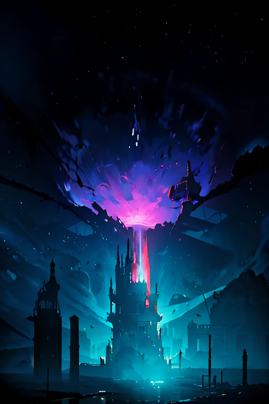 There exists an eerie spectacle of an empty building, a relic of human civilization, drifting aimlessly in the vast expanse of outer space. The once towering structure now stands as a ghostly silhouette against the inky black backdrop of the cosmos. Flickers of stray light from distant stars illuminate its hollow windows and rusty edges, adding a haunting ambiance to this desolate scene.
Perched atop this forsaken structure, there's an unexpected sight: a large, radiant pink and white boar, seemingly out of place among the celestial bodies. Its lustrous fur catches the scant light, casting an ethereal glow over the