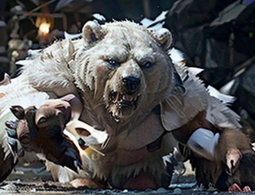 A frontal image of the moment of a polar bear attack on Expectador . The polar bear attacks the spectator with his binges, the bear is furious . Animal rage rage 