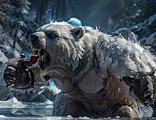 A frontal image of the moment of a polar bear attack on Expectador . The polar bear attacks the spectator with his binges, the bear is furious . Animal rage rage 