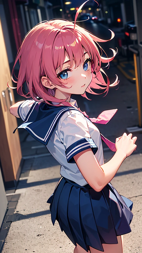 (Best Picture Quality, 8K, Masterpiece:1.3),(high school student:1.5), (pink medium hair), (Bedhead), (slant skyblue eyes), ((school uniform, short simple sleeve shirt, darkblue skirt, pink tie)), (super clear:1.5), (city alley Setting),(running:1.3),((looking back:1.3)),(back shot:1.3),(upper body).