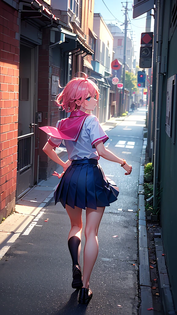 (Best Picture Quality, 8K, Masterpiece:1.3),(high school student:1.5), (pink medium hair), (Bedhead), (slant skyblue eyes), ((school uniform, short simple sleeve shirt, darkblue skirt, pink tie)), (super clear:1.5), (city alley Setting),(running:1.3),((looking back:1.3)),(back shot:1.3),(upper body).