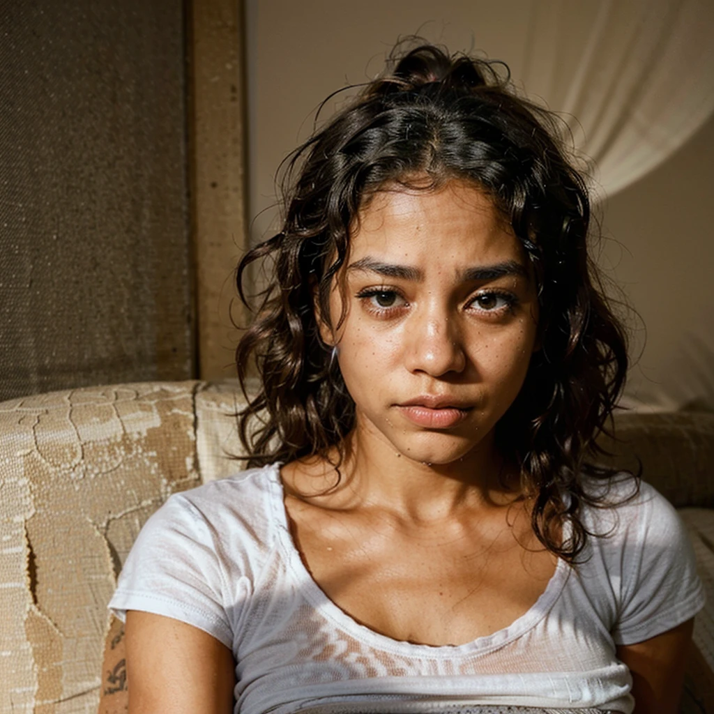 Create an ultra-realistic image of a young black woman sitting on a bed, with an expression of suffering and anguish. She has curly hair and is wearing a white t-shirt.. The scene should be in a room with soft, cozy lighting, highlighting your facial emotions. Her expression should convey sadness and concern."