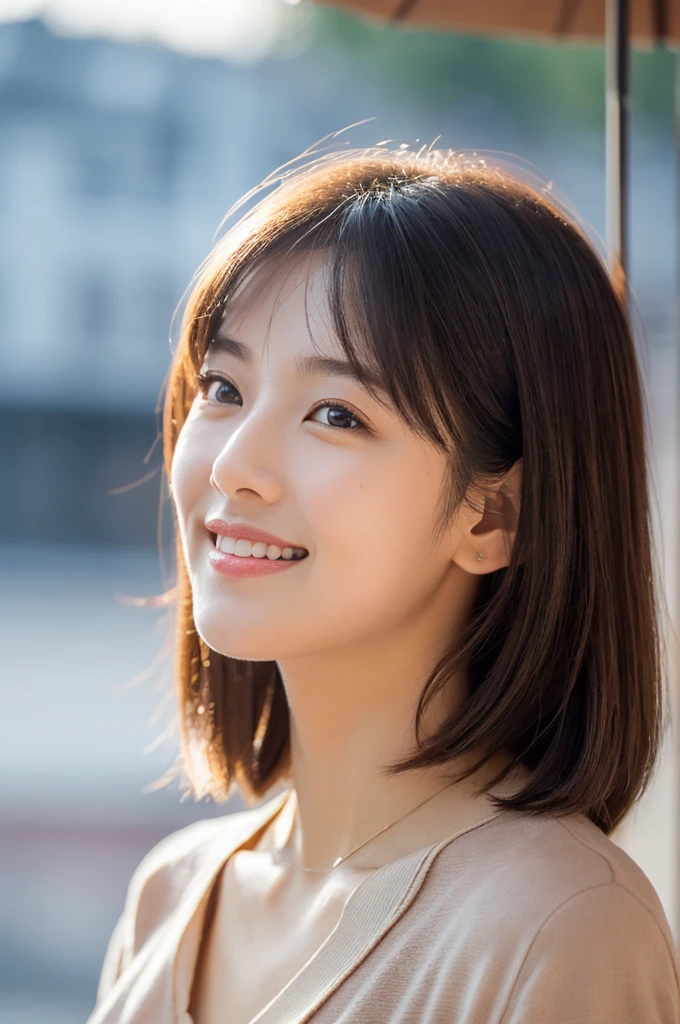 Front view of (((Masamisuno))),(in 8K, top-quality, masterpiece:1.3, 超A high resolution, A hyper-realistic), high detailing, ((Face like the real thing)), Photorealsitic, Raw foto, ((one beautiful women)), 27yo, Detailed face, beautidful eyes, realisticeyes, Eyes in Beautiful Details, (real looking skin), Beautiful skins, enticing, depth of fields, hight resolution, High pixel count, clear details, sharp photo, Natural color reproduction, Noise Reduction, High fidelity, quality, Software Updates, Optimized algorithms, Stylish café terrace, Everyday clothes, Neat and clean clothing, perfect bodies, face perfect, perfect chest, perfect teeth, Perfect tooth alignment, , Sexy lips, Ears are visible, Looking away, Natural perspective, (Don't look into the viewer's eyes), a smile, kindly smile, Beautiful skins, enticing, the golden ratio, (Detal Face:1.2), profetional lighting, Lighting the face, best light, japanes,japanaese girl, Photo of a cute Japanese woman, Small necklace, Thin Silver Necklace, simple background, wear suit, Casual pose, Short hair swaying in the wind