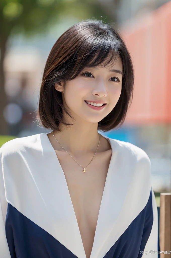 Front view of (((Masamisuno))),(in 8K, top-quality, masterpiece:1.3, 超A high resolution, A hyper-realistic), high detailing, ((Face like the real thing)), Photorealsitic, Raw foto, ((one beautiful women)), 27yo, Detailed face, beautidful eyes, realisticeyes, Eyes in Beautiful Details, (real looking skin), Beautiful skins, enticing, depth of fields, hight resolution, High pixel count, clear details, sharp photo, Natural color reproduction, Noise Reduction, High fidelity, quality, Software Updates, Optimized algorithms, Stylish café terrace, Everyday clothes, Neat and clean clothing, perfect bodies, face perfect, perfect chest, perfect teeth, Perfect tooth alignment, , Sexy lips, Ears are visible, Looking away, Natural perspective, (Don't look into the viewer's eyes), a smile, kindly smile, Beautiful skins, enticing, the golden ratio, (Detal Face:1.2), profetional lighting, Lighting the face, best light, japanes,japanaese girl, Photo of a cute Japanese woman, Small necklace, Thin Silver Necklace, simple background, wear suit, Casual pose, Short hair swaying in the wind
