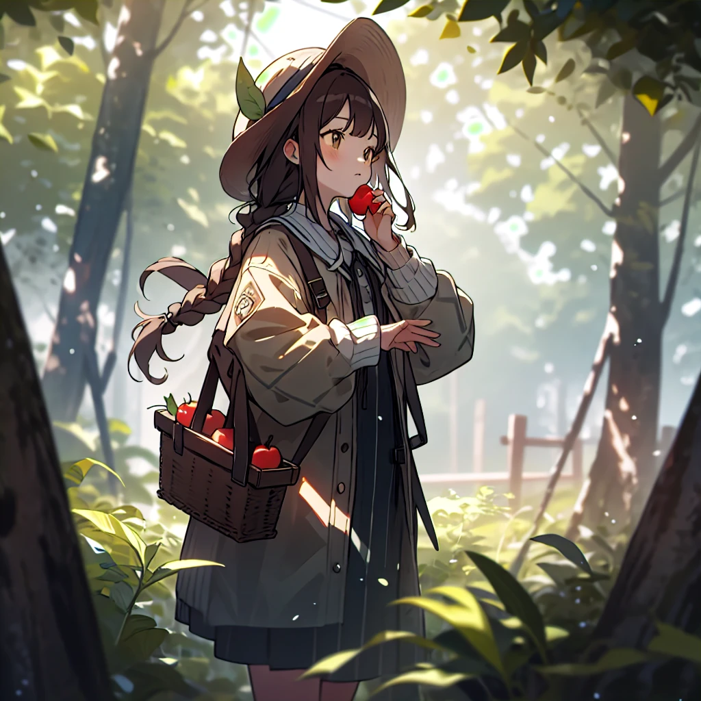 1girl, food, solo, fruit, holding food, holding, long hair, brown hair, holding fruit, outdoors, long sleeves, yellow headwear, branch, tree, hat, blurry, apple, closed mouth, brown eyes, day, bangs, looking up, hands up, jacket, leaf, standing, cowboy shot, plant, depth of field, blurry background, coat, braid, basket, green headwear, yellow jacket, looking away, sweater, dappled sunlight, 