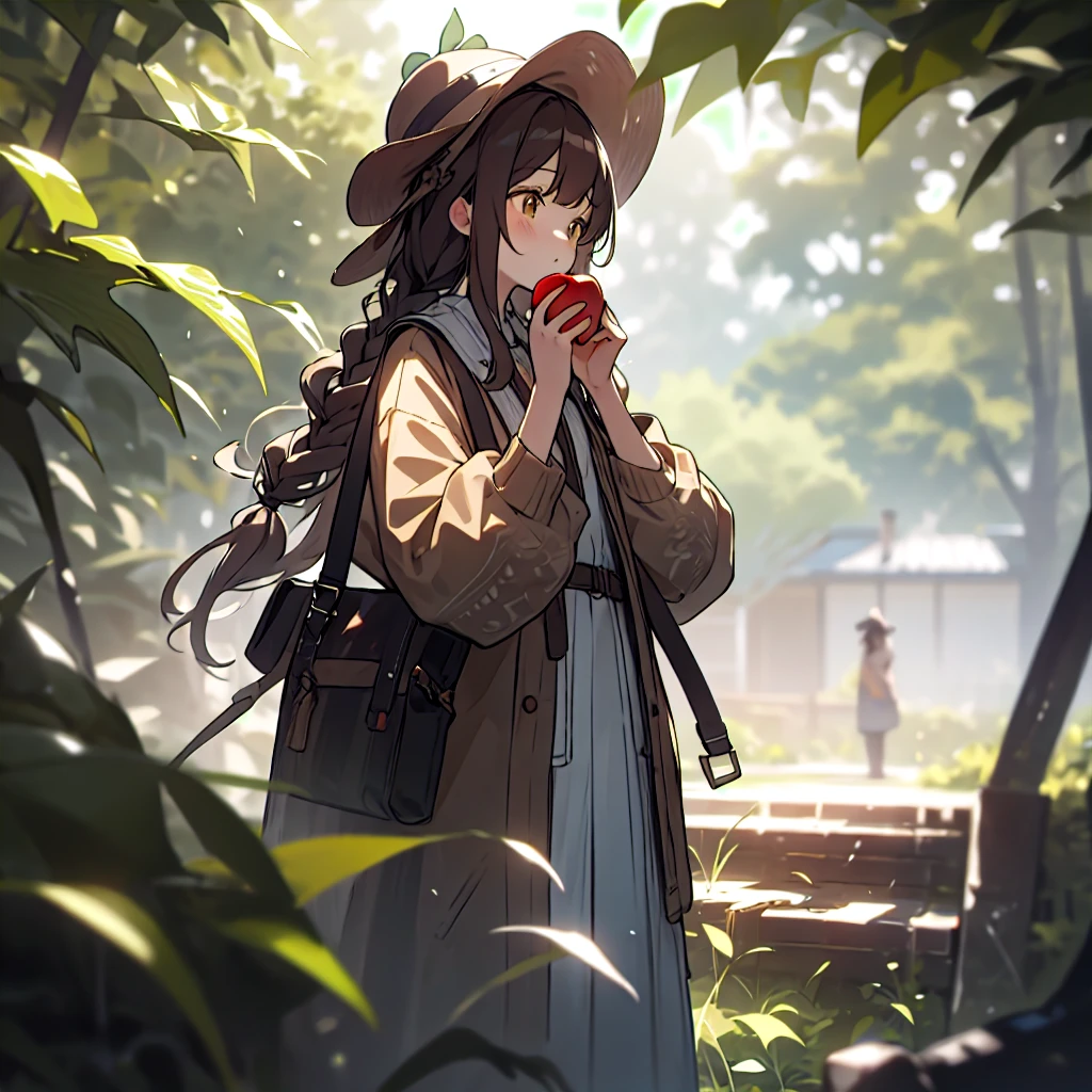 1girl, food, solo, fruit, holding food, holding, long hair, brown hair, holding fruit, outdoors, long sleeves, yellow headwear, branch, tree, hat, blurry, apple, closed mouth, brown eyes, day, bangs, looking up, hands up, jacket, leaf, standing, cowboy shot, plant, depth of field, blurry background, coat, braid, basket, green headwear, yellow jacket, looking away, sweater, dappled sunlight,