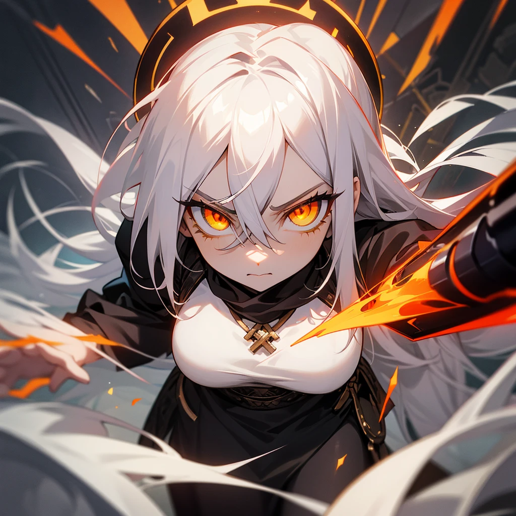 female, palid skin, yellow eyes, white hair, looking menacingly at camera, multiple red eyes on background, menacing ambient