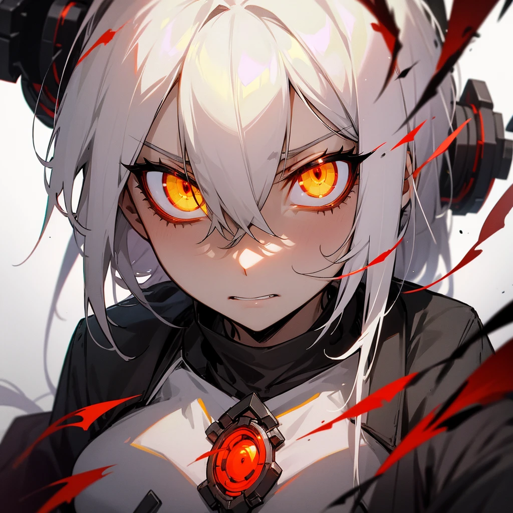 female, palid skin, yellow eyes, white hair, looking menacingly at camera, multiple red eyes on background, menacing ambient
