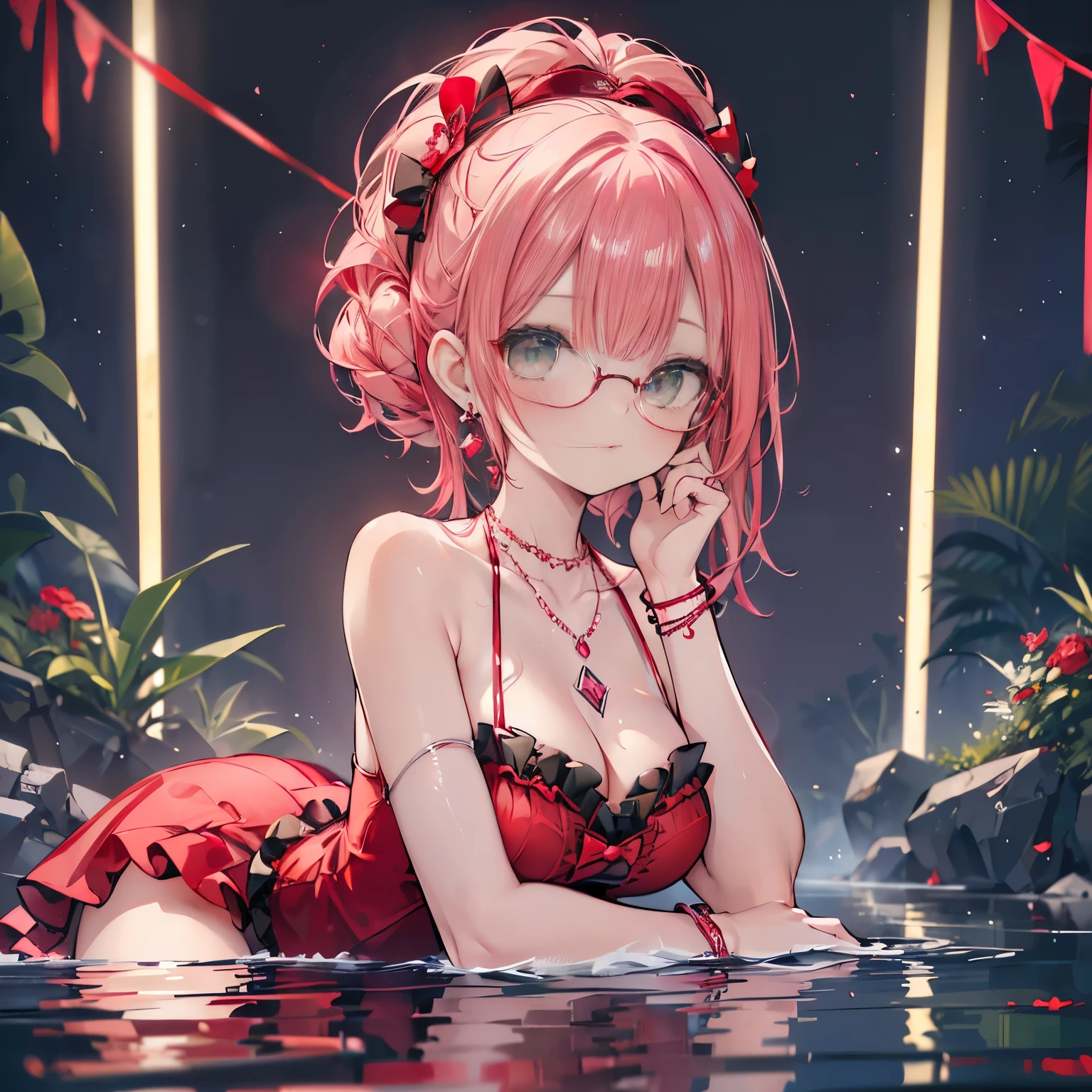 (wearing elegant red frame glasses),
(beautiful pink and green butterflies and dragonflies all over the place),colorful flowers,fantasy beams and lights,
((masterpiece:1.4, best quality)), ((masterpiece, best quality)),((beautiful pony tail red  hair,beautiful  green eyes,little cute   girl)),wet full body, bathing in the water,water falls,water splash,lovely laugh,((sexy red lolita gothic mini dress)),elegant red and white hat, ((pink and red elegant string tied summer bikini)), (Lace chalker, wristband, diamond necklace,earrings),cinematic lighting and pause,beautiful natural mysterious park,night sky,full moon,(beautiful pink and red butterflies and dragonflies all over the place),
