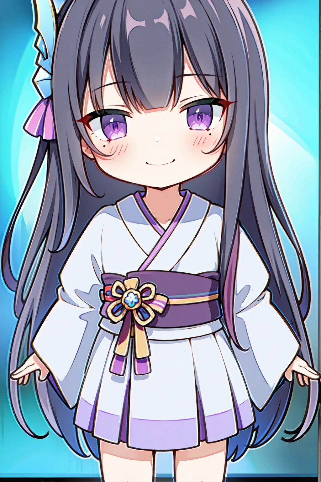 (masterpiece, best quality, highres, 8k:1.3),   1girl, solo, long hair, One braid hair, (purple hair:1.1), Hair ornament, purple eyes, purple kimono, standing, chibi, smile, detail color, detail skin Cristal, Glowing skin,