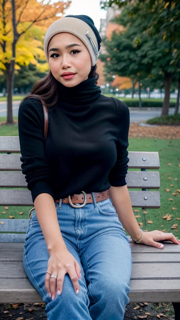  (Slightly wavy hair long, swooped over her shoulder, ), (Malaysia female), age 55, 8K, phototrealism, big  breasts, pointy breasts, photorealism, portrait, 85mm lens, depth of field, delicate skin luster, blindfolded, plump lips, slim, (Haruka Ayase), She wears a black Pullover and blue jeans with a belt, beige beanie, she waits on a bench in a park in Fall season, having fun, trees and old buildings far in background, she looks conspirational, Pullover is black, photorealistic, Masterpiece, bokeh, Volumetric lighting, low light,