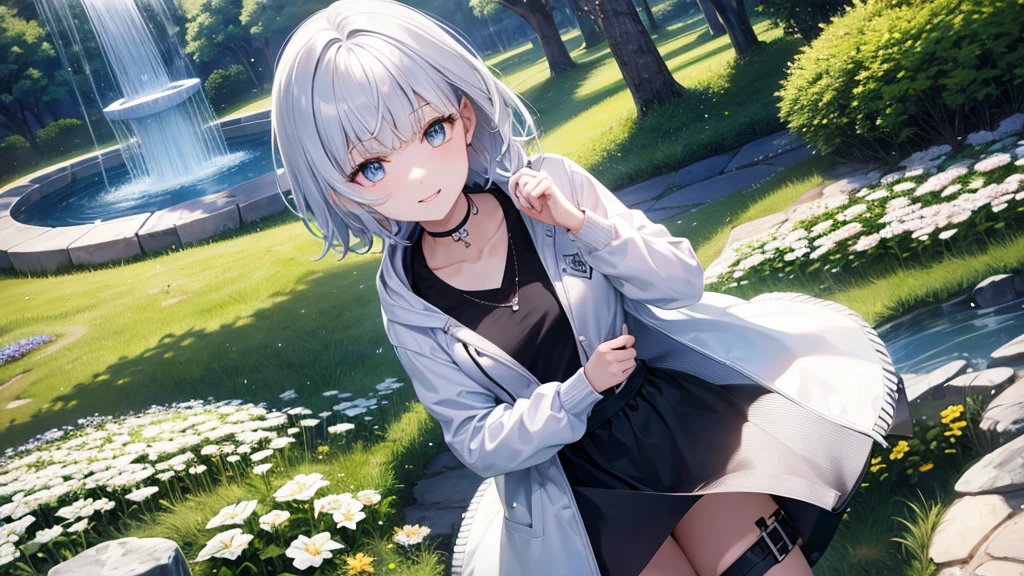 Ultra HD,Look at the viewers, Put your hands behind your back, With a girl, 20-year-old, Very short hair, Long bangs between the eyes, Pale blue eyes, hoodie, skirt , Very detailed,(masterpiece、Highest quality),Gray Hair、Laughter、Fantastic, Silver Hair, Iris,  hoodie, 白いhoodie,黒いskirt,Short hair,White jacket, Casual Style,Open jacket,  Cowboy Shot、Fluttering Hair、Small Face、Bright smile、(Detailed face) ,Professional Lighting,Wonderful landscape,blue sky, sunlight,Looking down from above,Portraiture、Open your mouth、Forest Fountain、Flower Field