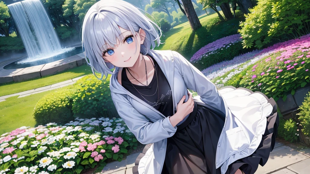 Ultra HD,Look at the viewers, Put your hands behind your back, With a girl, 20-year-old, Very short hair, Long bangs between the eyes, Pale blue eyes, hoodie, skirt , Very detailed,(masterpiece、Highest quality),Gray Hair、Laughter、Fantastic, Silver Hair, Iris, hoodie, 白いhoodie,黒いskirt,Short hair,White jacket, Casual Style,Open jacket, Cowboy Shot、Fluttering Hair、Small Face、Bright smile、(Detailed face) ,Professional Lighting,Wonderful landscape,blue sky, sunlight,Looking down from above,Portraiture、Open your mouth、Forest Fountain、Flower Field