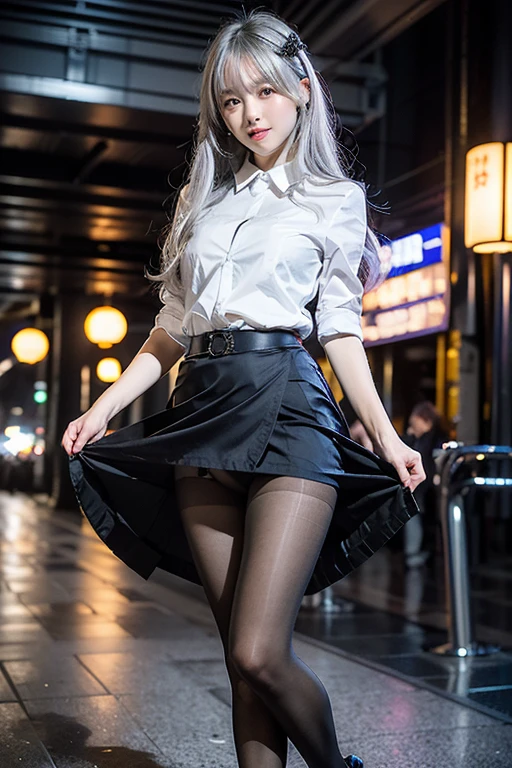 (Highest quality、Highest quality、Highest Resolution、masterpiece、detailed、live-action)、
(((Lift up your skirt with both hands)))、
(((Grab the hem of your skirt with both hands)))、
(((She is wearing center seam pantyhose that reach down to her waist.)))、
((Showing panties))、
((Panties are visible))、
1 Japanese woman、
Cute Japanese Woman、
Beautiful 20 year old Japanese woman、
Slender figure、
Super slim figure、
Small breasts、
Silver Hair、
The woman is facing the photographer、
Illuminated by spotlights、
smile、
whole body、
Standing posture、
Station concourse、
