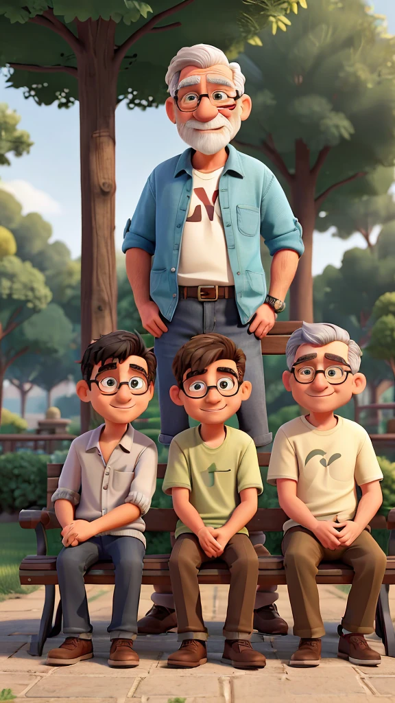 "Three men of different ages, an old man of sixty, a middle-aged man of forty-five, and a young man of thirty, sitting together and talking. They are seated on a park bench with a lush green background. The old man has grey hair, glasses, and is wearing a sweater and trousers. The middle-aged man has short brown hair, is clean-shaven, and is dressed casually in a shirt and jeans. The young man has black hair, a beard, and is wearing a t-shirt and shorts. They are smiling and engaged in animated conversation.",
"size": "1792x1024",
"n": 2
}