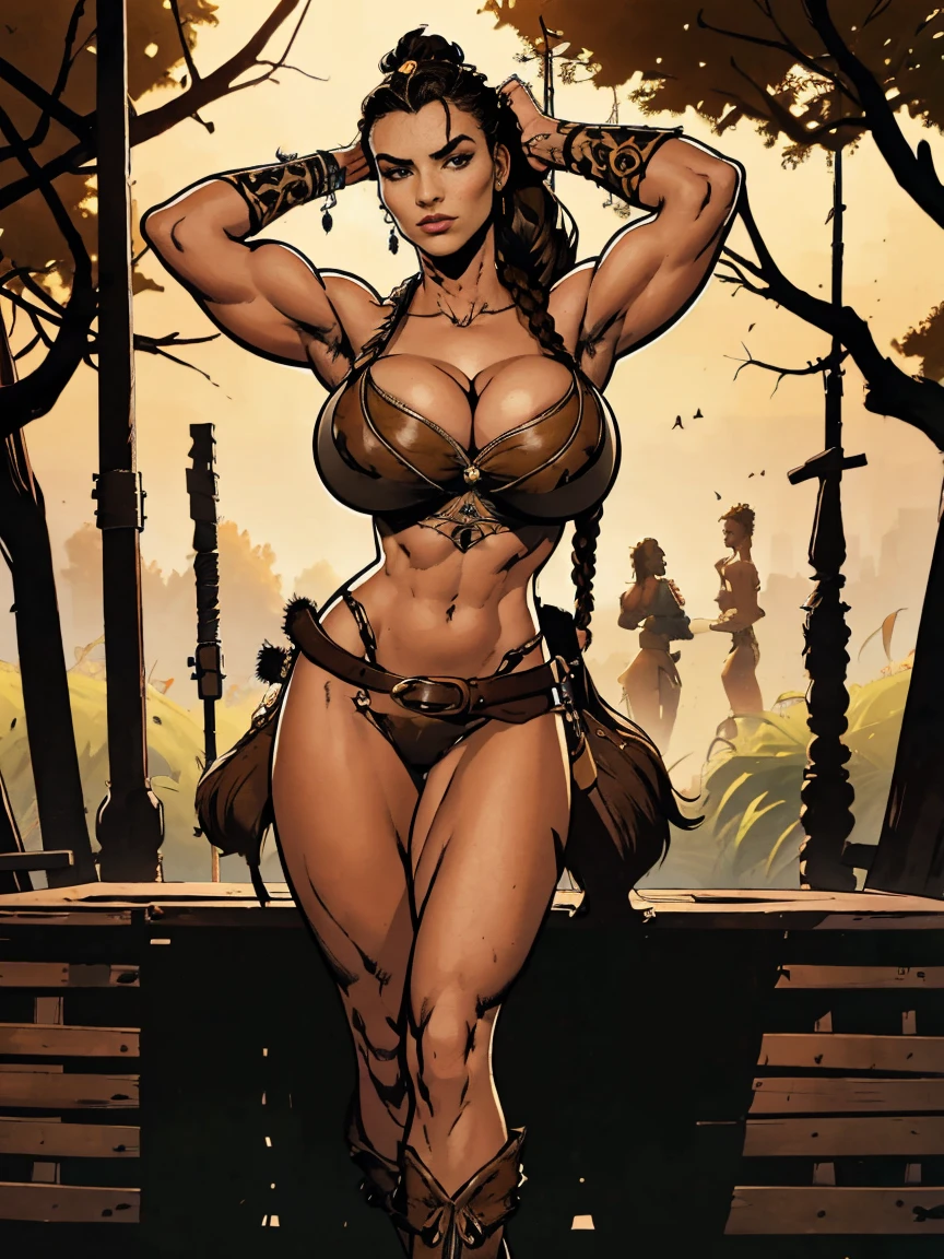 (masterpiece, top quality, best quality, official art, beautiful and aesthetic:1.2), (1girl:1.3), dark brown hair pulled back, topknot, braids, extremely detailed, portrait, looking at viewer, solo, (full body:0.6), detailed background, close up, facepaint, tribal tattoos, (warm summer Africa theme:1.1), view from below, seven feet tall, buff and busty giant barbarian queen, elegant face, long face, charlatan, smirk, mysterious, walking in savannah, revealing tribal attire, bare midriff, brown leather, fur lined clothes, long boots, buckles, straps, pouches, axes, tan fabric, brown leather, ((((gigantic breasts, skindentation, cleavage, stretching, flexing)))), (flexing muscles, muscular), strong, cute belly button, toned tummy, slim waist, slim hips, long legs, muscular legs, (savannah exterior:1.1) background, dark mysterious lighting, shadows, magical atmosphere, dutch angle