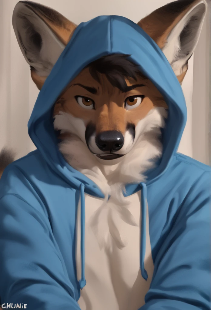 arafed wolf wearing a blue hoodie and a black hat, in a hoodie, thick furry neck and chest fluff, commission for high res, wearing a hoody, wearing a hoodie, wearing a blue hoodie, furry wolf, furry chest, casually dressed, furry fursona, an anthro wolf, pov furry art, fursona furry art commission, dressed casually