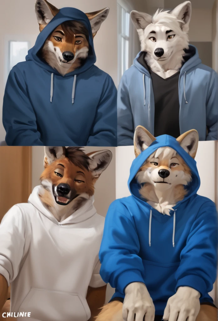 arafed wolf wearing a blue hoodie and a black hat, in a hoodie, thick furry neck and chest fluff, commission for high res, wearing a hoody, wearing a hoodie, wearing a blue hoodie, furry wolf, furry chest, casually dressed, furry fursona, an anthro wolf, pov furry art, fursona furry art commission, dressed casually