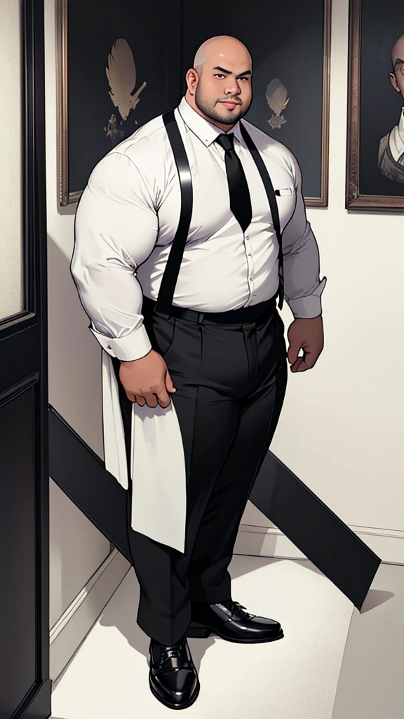 A captivating portrait of fat, obese, bald Indonesian man wearing a white shirt, black tie, black pants, and black leather shoes. This classic combination creates an elegant and professional impression, while radiating assertiveness in a simple yet charming style. The contrasting colors enhance the strong visual appeal.