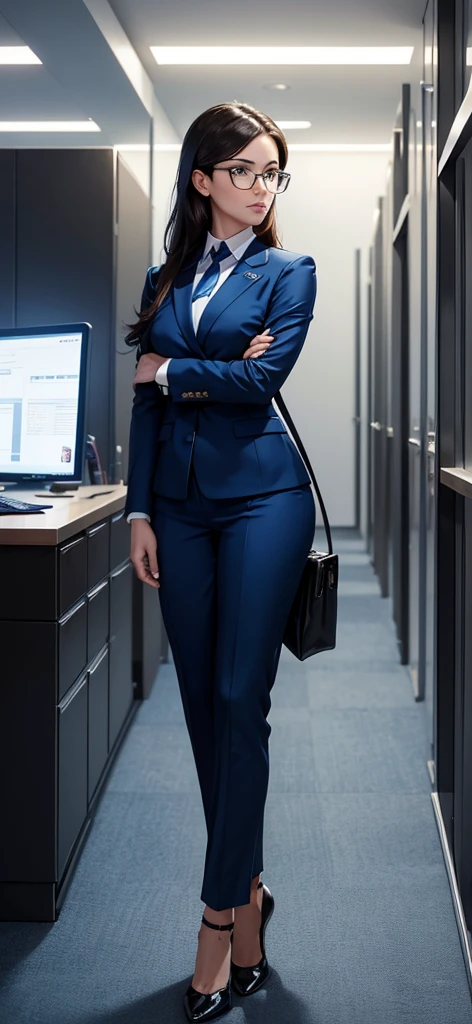 Create an image of a female executive embodying the characteristics of an MBTI commander type. She is dressed in a sharp blue suit, exuding authority and confidence, with stylish glasses perched on her nose. In her hand, she holds a long ruler, symbolizing her strategic and decisive nature. Place her in a professional setting, such as a modern office with sleek furniture and digital screens displaying charts and data. The background should reflect a sense of leadership and organization, with subtle elements hinting at her role as a capable and commanding leader. This composition should capture the essence of a strong and capable executive, showcasing her leadership qualities and determination in a visually compelling image.