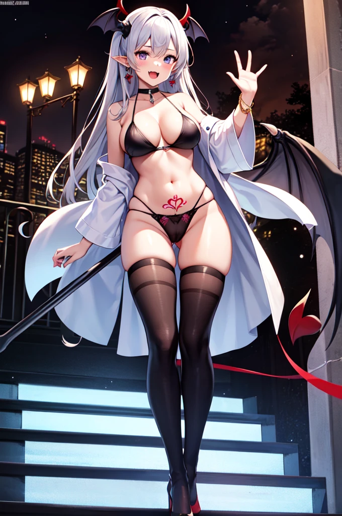 1girl, , solo, highleg, thighhighs, long hair, navel, looking at viewer, smile, blue eyes, open mouth, ass vise through thighs, two side up, head wings, cameltoe, stomach, armpits, red thighhighs, :d, standing, fang, bare shoulders, arm up, bangs, revealing clothes, thighs, blush, outdoors, black bikini, highleg bikini, full moon, highleg panties, mdium breasts, skindentdemon girl, high heels, underwear,
white hair, bikini, large breasts, very long hair,it, night, toes, off shoulder, hair ornament, cleavage, full body, open clother, wings, jewelry, wristband, hand up, toeless legwear, earrings, grey hair, skin fang, panties, groin, sandals, wide sleeves, t, detached sleeves, bridal legwear, demon wings, bra, feet, from below, thigh boots, horns, sidelocks, jacket, open jacket, sky, black panties, long sleeves, legs, black bra, purpleboots, dutch angle, twintails, wing hair ornament, cross, stirrup legwear, hair between eyes, partially visible vulva, fangs, red footwear, coat, floating hair, open coat, pointy ears, toeless footwear, demon horns, halloween, vampire, pelvic curtain, toenails, midriff, building, black footwear, string bikini, black choker, covered nipples, stairs, indoors, bat wings, breasts apart, d collar, bat hair ornament, demon tait sky, lantern, ruins, red bikini, cloud, v-shaped eyebrows, simple background, white background, string panties, contrapposto, black jacket, +_+, sideboob, robe, cross earwatermark, crossed bangs, shoes, pubic tattoo, waving, collarbone, outstretched arm, thong, toenail polish,
