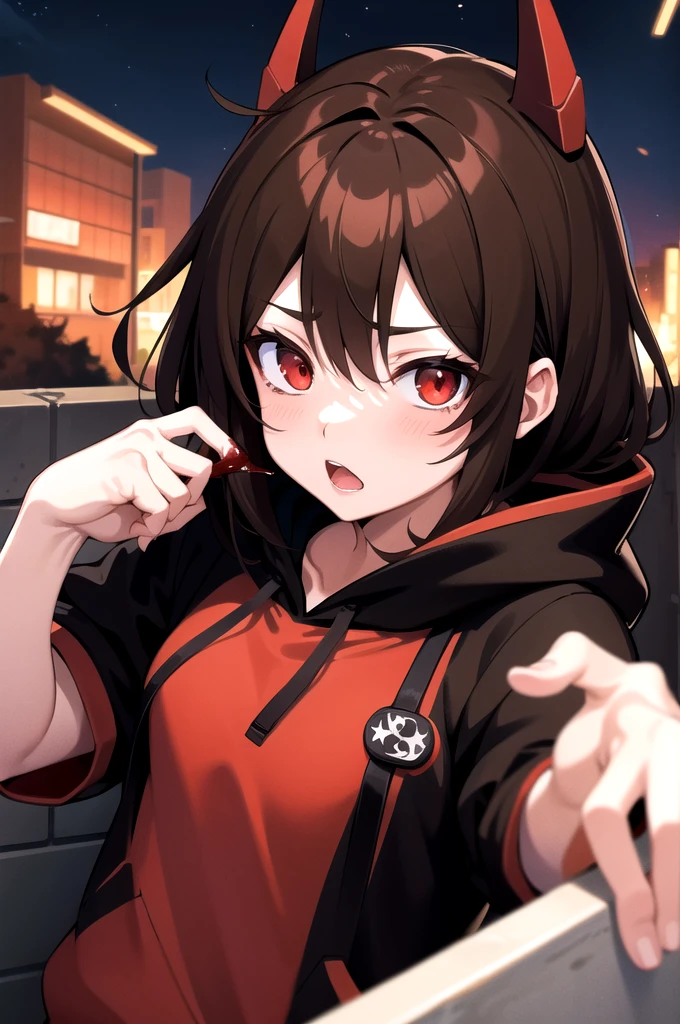 Brown hair. Anime girl. Red eye. Black hoodie. Blood. Apocalypse city