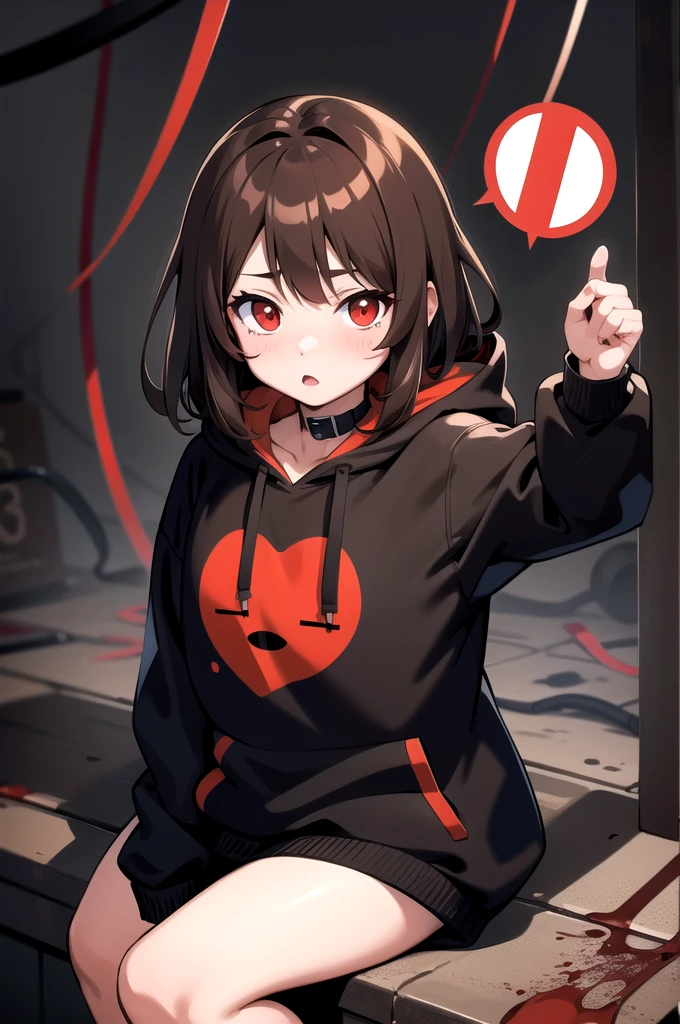 Brown hair. Anime girl. Red eye. Black hoodie. Blood. Apocalypse city
