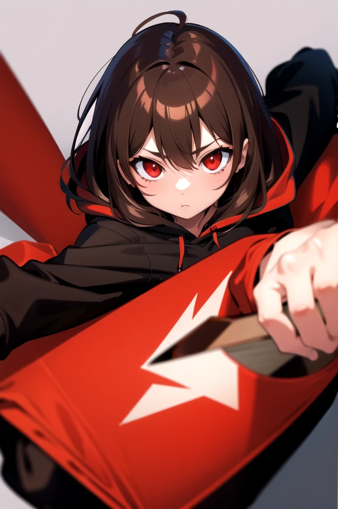 Brown hair. Anime girl. Red eye. Black hoodie. Blood. Apocalypse city