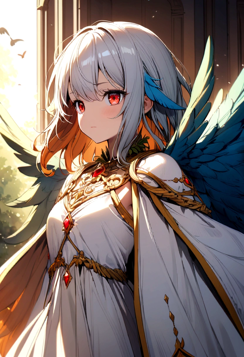 bird girl, white shoulder length hair, red eyes, orange feathered collar, white dress, blue wings instead of arms, small brown wings with yellow edges on shoulders