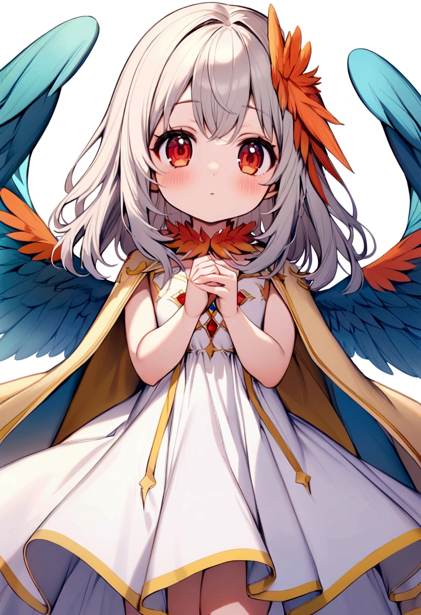 bird girl, white shoulder length hair, red eyes, orange feathered collar, white dress, blue wings instead of arms, small brown wings with yellow edges on shoulders