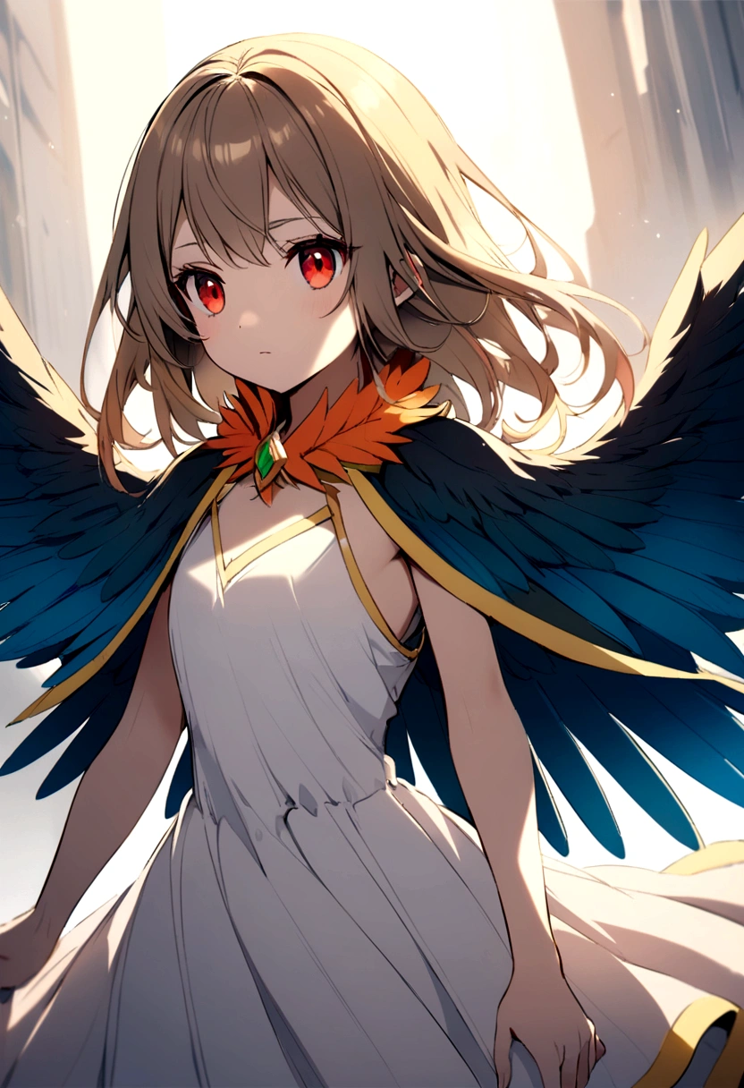 bird girl, white shoulder length hair, red eyes, orange feathered collar, white dress, blue wings instead of arms, small brown wings with yellow edges on shoulders