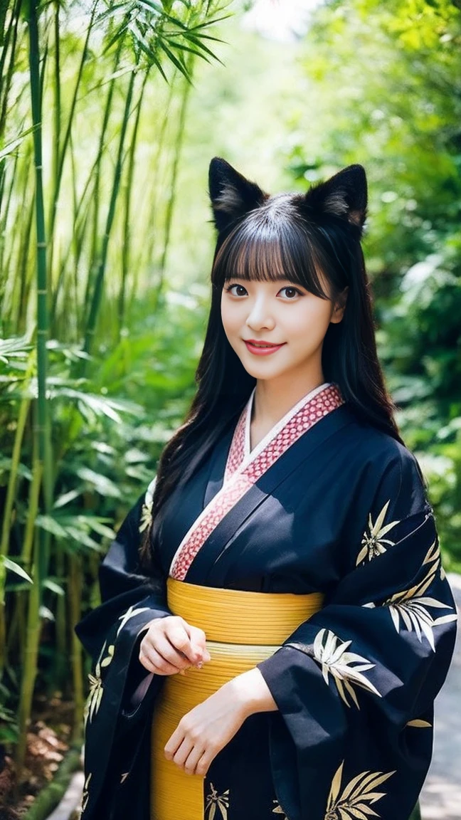 Highest quality、A sacred black fox in a gorgeous kimono、The background is a bamboo forest