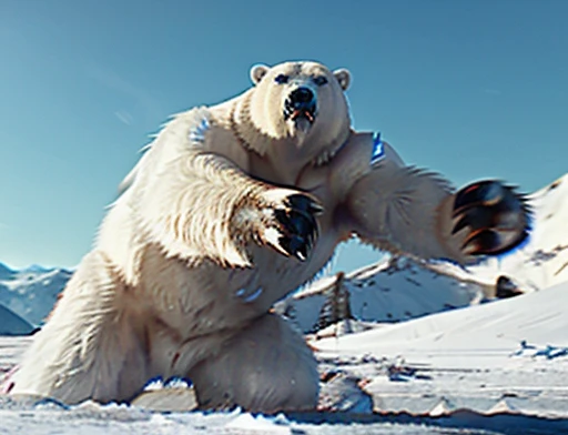 A frontal image of the moment of a polar bear attack on Expectador . The polar bear attacks the spectator with his binges, the bear is furious . Animal rage rage