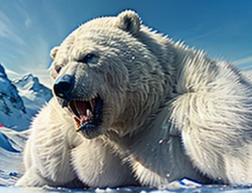 A frontal image of the moment of a polar bear attack on Expectador . The polar bear attacks the spectator with his binges, the bear is furious . Animal rage rage 