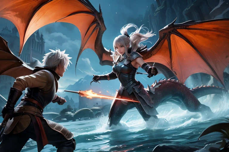 2D impressionist illustration, Super Resolution, Masterpiece, A Russian girl in her early 20s with ash grey hair,Game world, A dragon slayer facing off against an ancient dragon, Uplifting,
