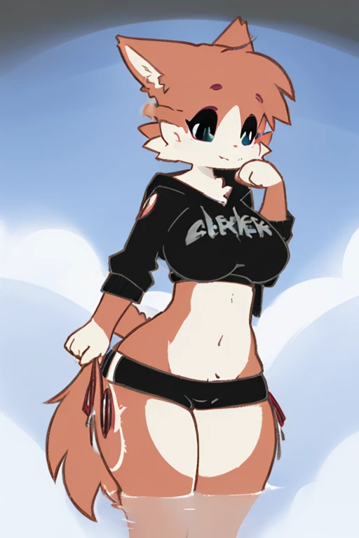 1girl, undersized hoodie, undersized shorts, any fur color and pattern, any eye color and pupils, massive breasts and hips and butt, cat, doing anything, any pose