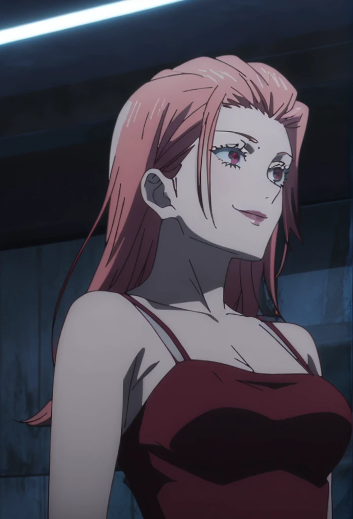 1girl, female gojo satoru, anime screencap from jujutsu kaisen, gojo satoru female version, solo, medium_hair, red eyes ((red_hair)), night view, breasts, upper_body, smile, indoors, book, bangs, red_eyes, lips, (slicked back)) wearing an elegant red dress with thin straps, breast, "very detailed and high resolution" (red eyes) ((cross arms)) ((long hair)) ((solo))