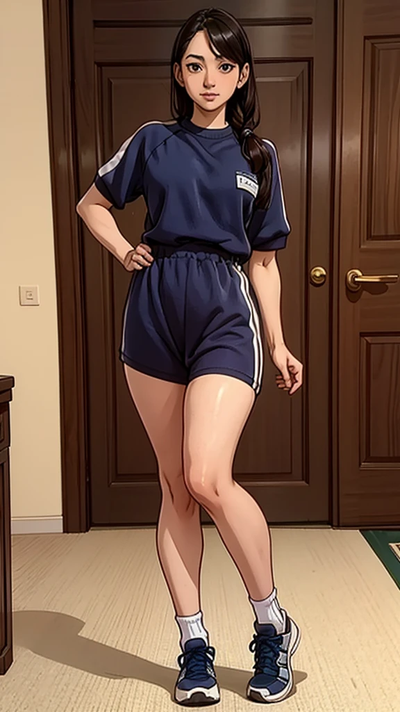 arafed lady in gym uniform, full body, standing.