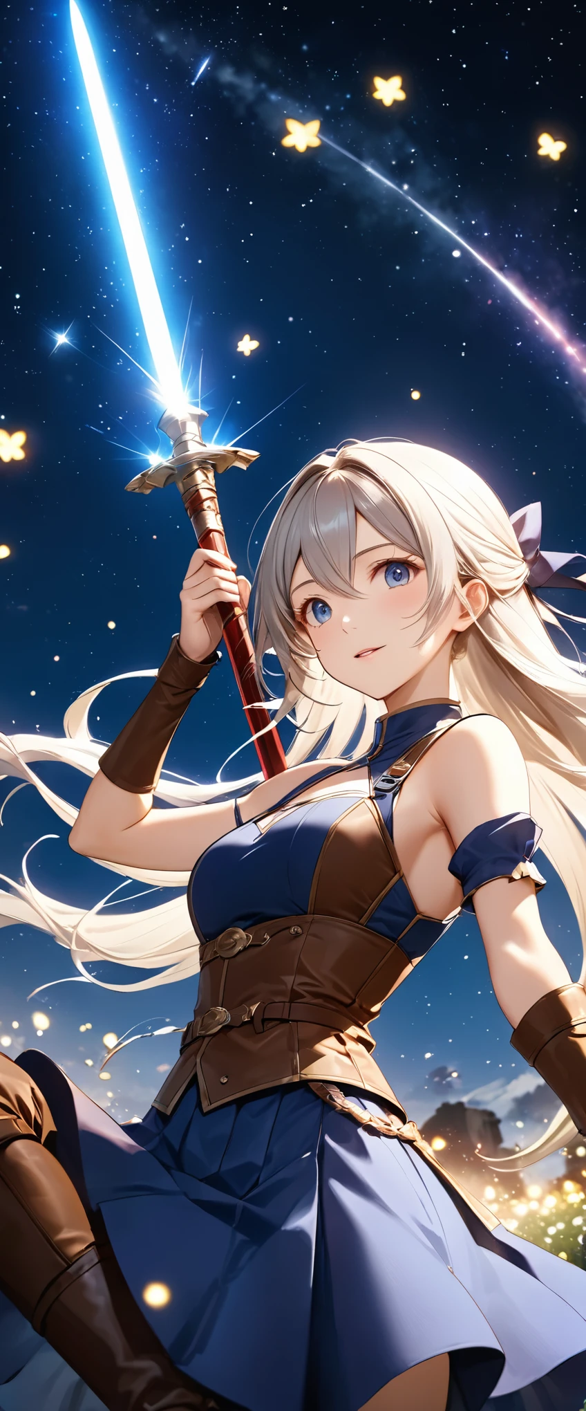 Highest quality, Super quality, 16K, Incredibly absurd, Very detailed, 2.5D, delicate and dynamic, battlefield, Small faint lights and flying fireflies, night, Starry Sky, milky way, nebula, shooting star, Extremely delicate facial expression, Delicate eye depiction, Upper body close-up, sole sexy lady, healthy shaped body, 22 years old lady, final fantacy xvi Jill Warrick, 170cm tall, big firm bouncing busts, white silver long hair, Jill Warrickのコスチューム, blue long skirt, brown leather long boots, In his right hand he holds a long, shining saber