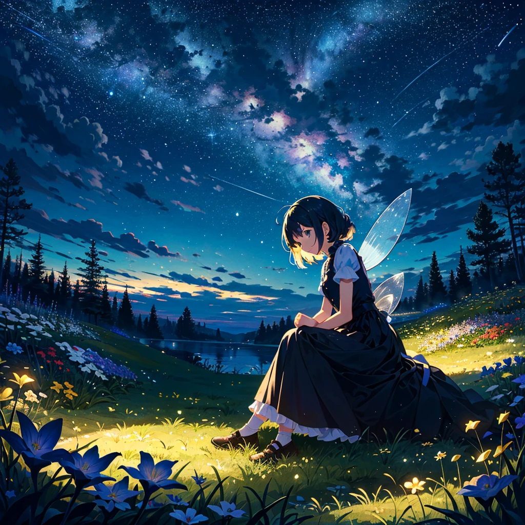 1girl, solo, alone, flower meadow, lighting, detailed sky, starry sky, star\(symbol\), garden, , sitting, crescent moon, full body, vibrant color, ,(masterpiece:1.2), best quality, PIXIV, fairy tale style,fairy tale girl,Soft light, 1girl,