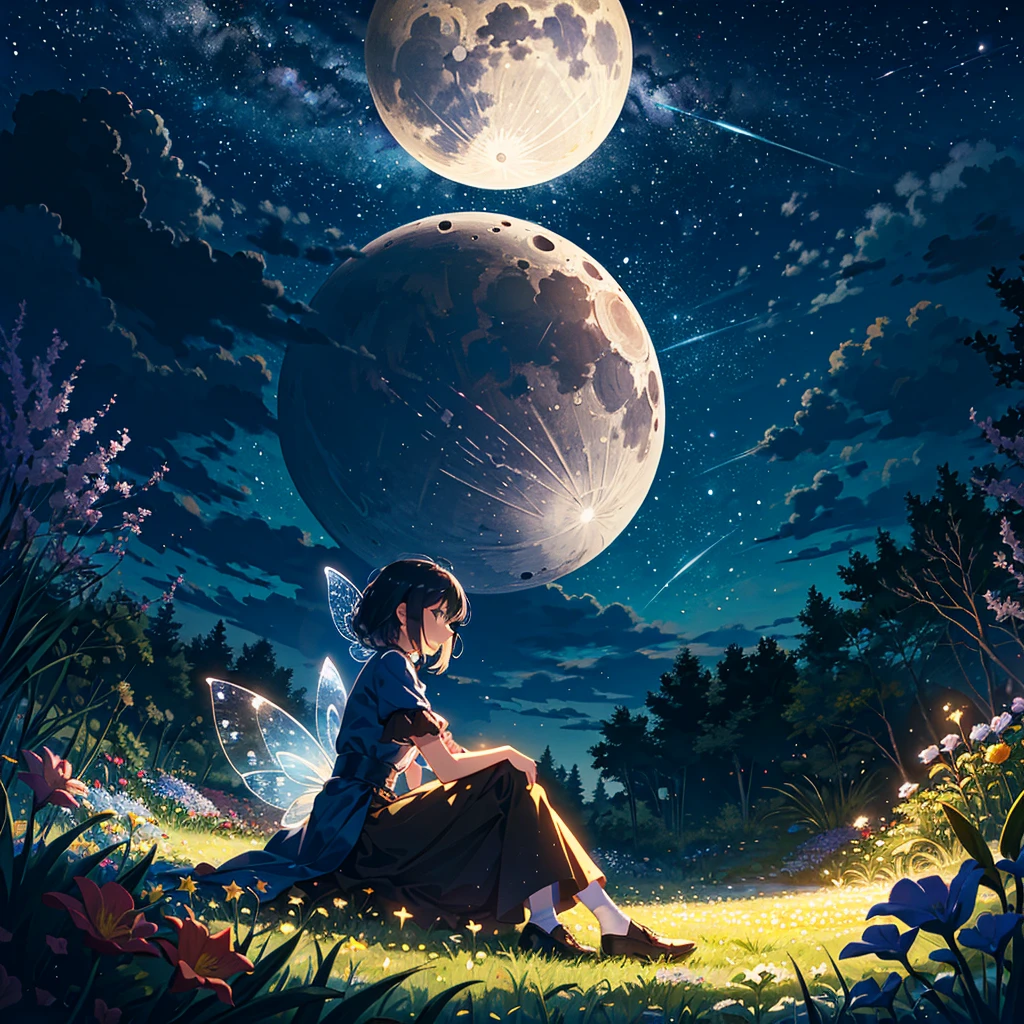 1girl, solo, alone, flower meadow, lighting, detailed sky, starry sky, star\(symbol\), garden, , sitting, crescent moon, full body, vibrant color, ,(masterpiece:1.2), best quality, PIXIV, fairy tale style,fairy tale girl,Soft light, 1girl,