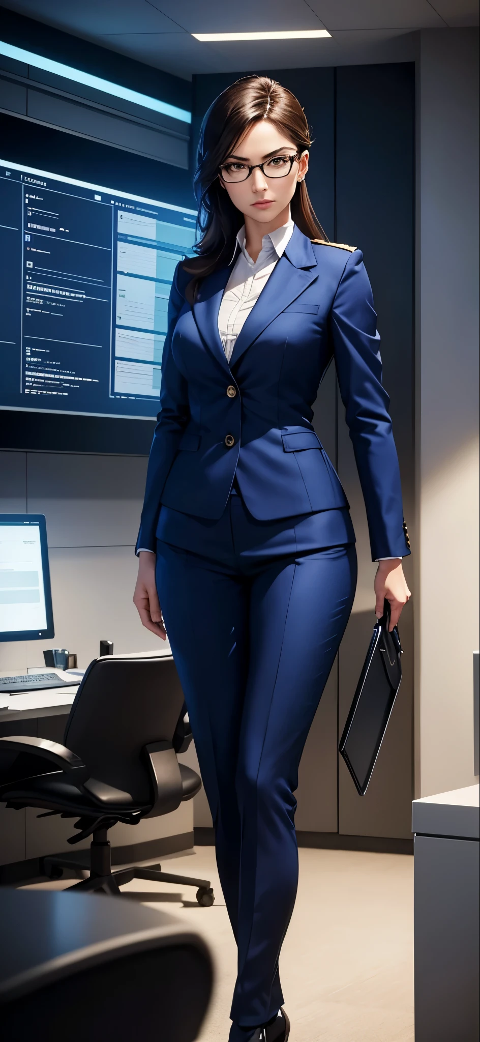 Create an image of a female executive embodying the characteristics of an MBTI commander type. She is dressed in a sharp blue suit, exuding authority and confidence, with stylish glasses perched on her nose. In her hand, she holds a long ruler, symbolizing her strategic and decisive nature. Place her in a professional setting, such as a modern office with sleek furniture and digital screens displaying charts and data. The background should reflect a sense of leadership and organization, with subtle elements hinting at her role as a capable and commanding leader. This composition should capture the essence of a strong and capable executive, showcasing her leadership qualities and determination in a visually compelling image.
