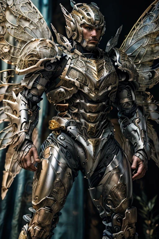 realistic, masterpiece, intricate details, detailed background, depth of field, photo of a handsome (european man), fr4ctal4rmor, wearing fractal power armor, (dynamic pose), ((fighting stance)), wings, fantasy background, cinematic composition, sharp focus, close up, helmet,