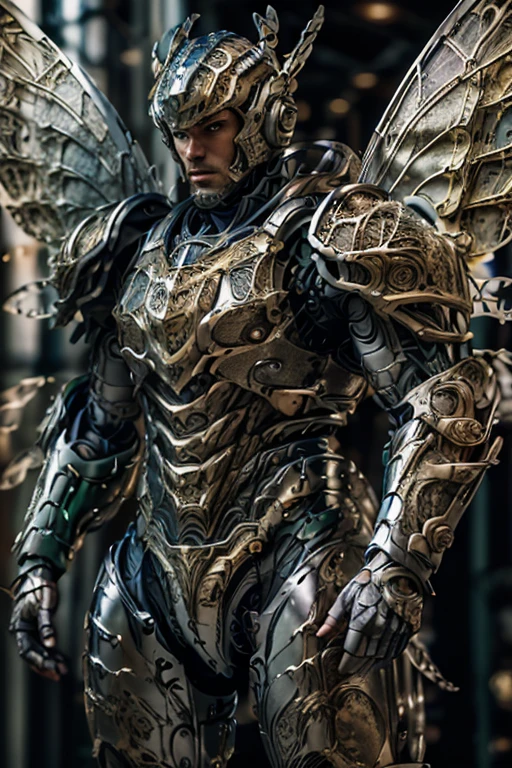 realistic, masterpiece, intricate details, detailed background, depth of field, photo of a handsome (european man), fr4ctal4rmor, wearing fractal power armor, (dynamic pose), ((fighting stance)), wings, fantasy background, cinematic composition, sharp focus, close up, helmet,