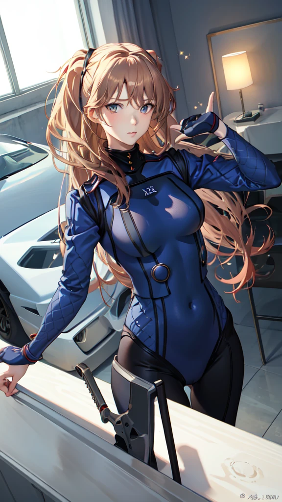 (俯瞰figure),Dynamic Angle,Super detailed, figure, close, Straight, One girl, 
 ((Soryu Asuka Langley, Interface Headset, Red bodysuit:1.4, blonde)),Her eyes shone like dream-like stars,(Glowing Eyes:1.233),(Beautiful and detailed:1.1),(Expressionless,Mouth closed),(Are standing), 
(In a white spaceship、Mechanic room with tools and spaceship window),
(night:1.2),dream-like, [[Delicate fingers and hands:0.55]::0.85],(Finger details),