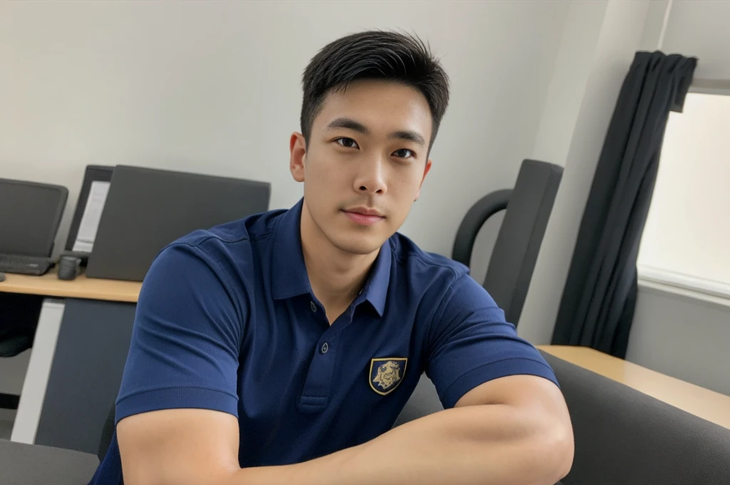 A male police officer in his 20s poses for a group photo., Wear a navy blue polo shirt., high resolution, Masterpiece, best quality, head:1.3,, Smooth and fine skin, clear focus, (movie light), during the night, gentle light, Dynamic angle, (detailed face:1.2), (((exercise))), sport, His arm muscles were very big., hand in crotch, in his bedroom ,natural and delicate,